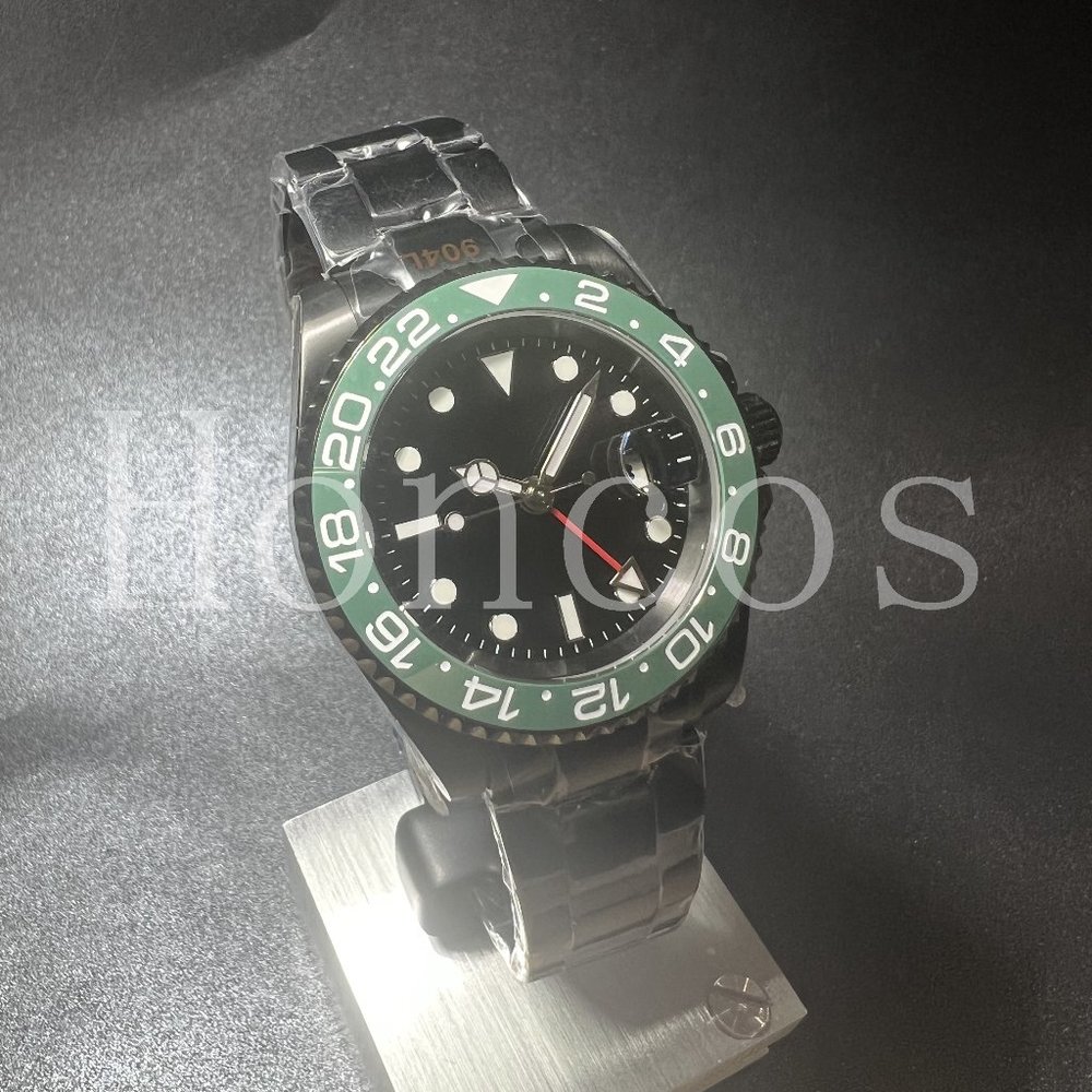 Custom Made MODS Watch with GMT Automatic Movement Black Case Green White Insert